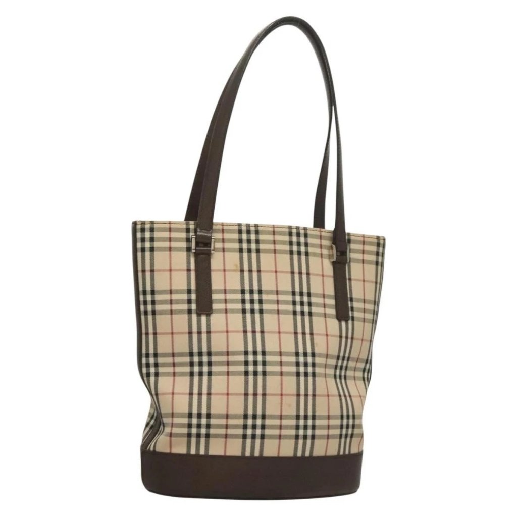 Burberry Nova Check Tote Bag Canvas Beige Silver Auth Ba3977